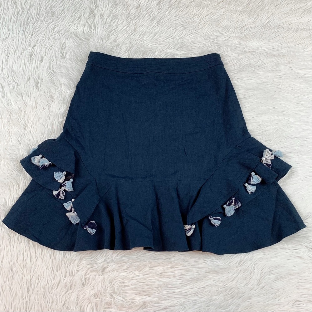 Tanya Taylor tassel ruffle mini skirt in navy blue Made in USA